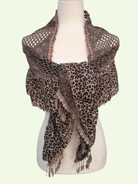 Leopard Print Ruffled Border Fishnet Crochet Fringe Edge Lightweight Wrap Scarf